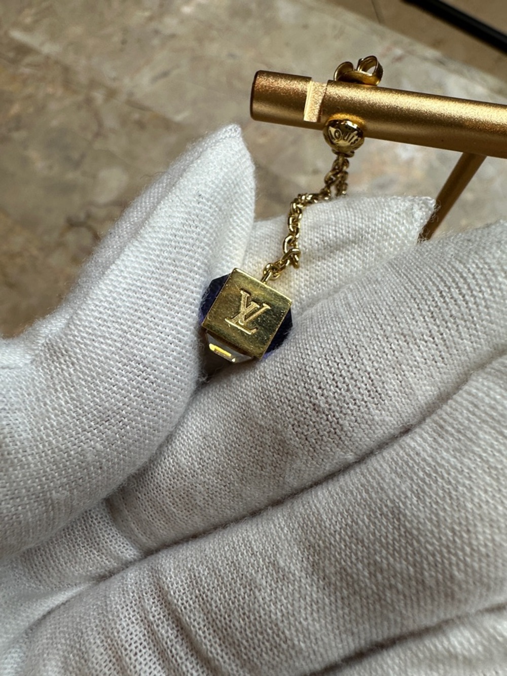 Gold and Navy blue  Cube Drop Earrings - Luxury Brand - Picture 3 of 7